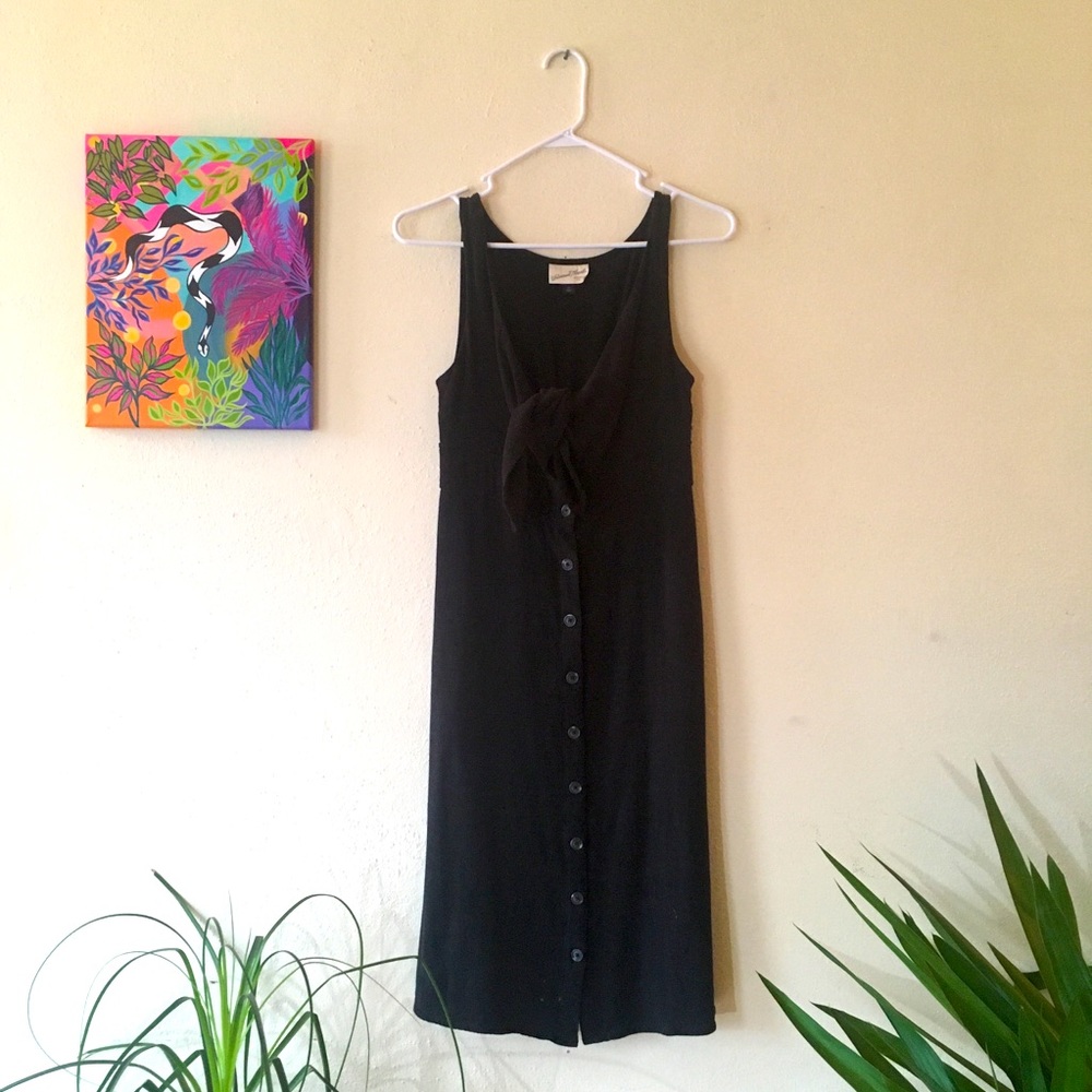 Black Linen Blend Dress With Tie Bust and Buttons